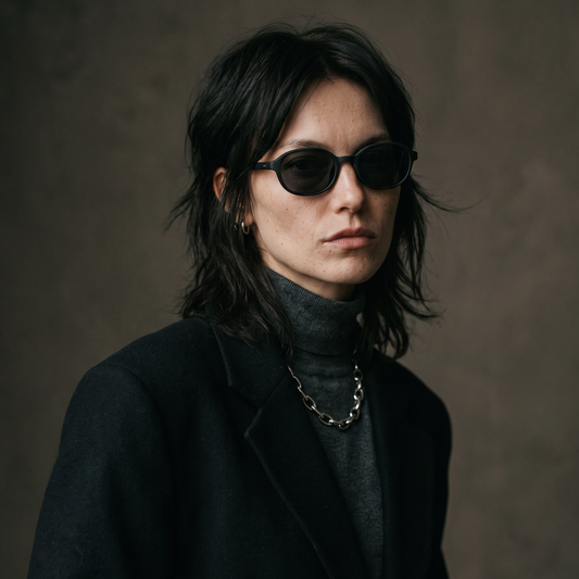 The Marylebone oval polarised sunglasses worn by model